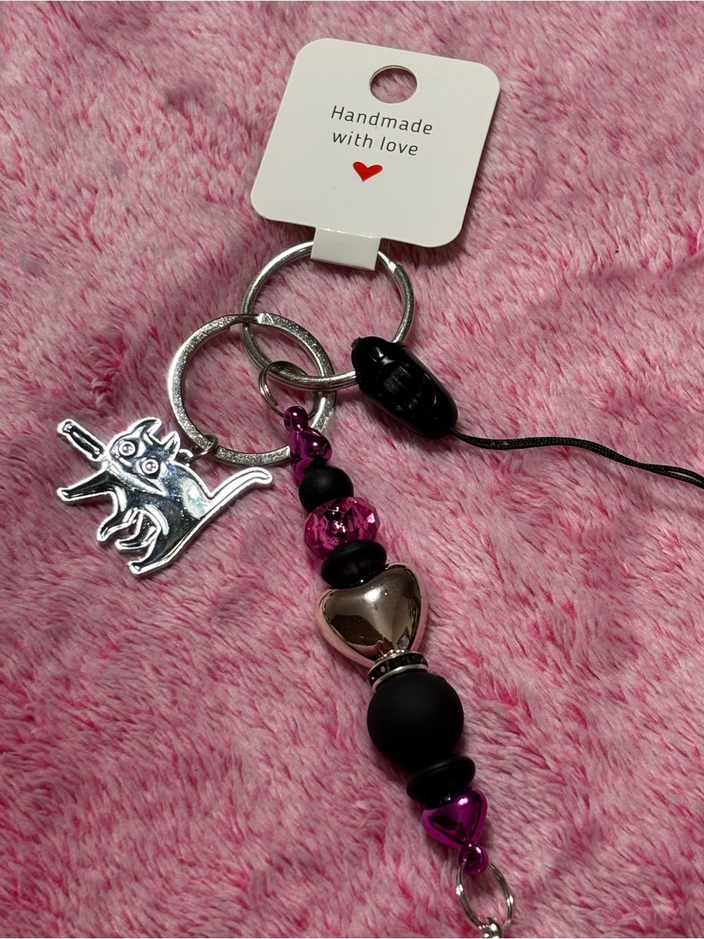 Beaded Keychain with Cat Holding Knife Charm and Black Tassel. - Picture 3 of 3